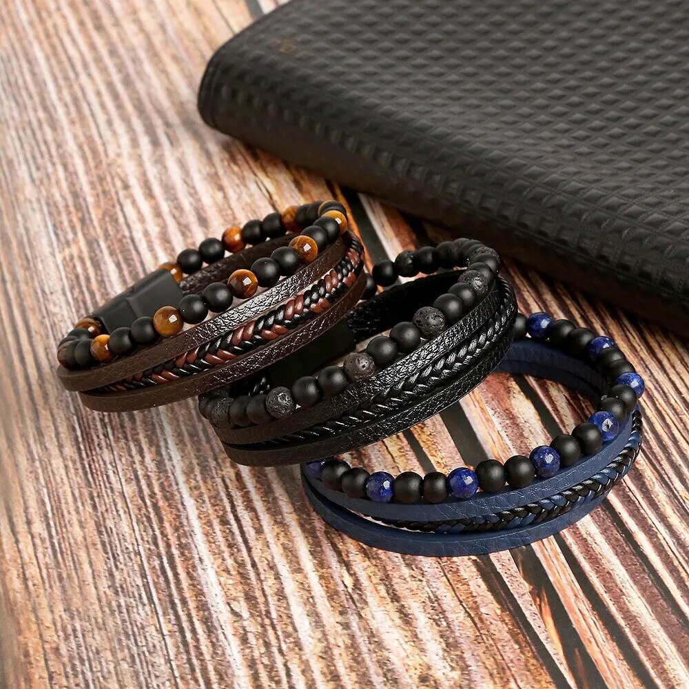 Herren Lederarmband mit Tigerauge-Perlen