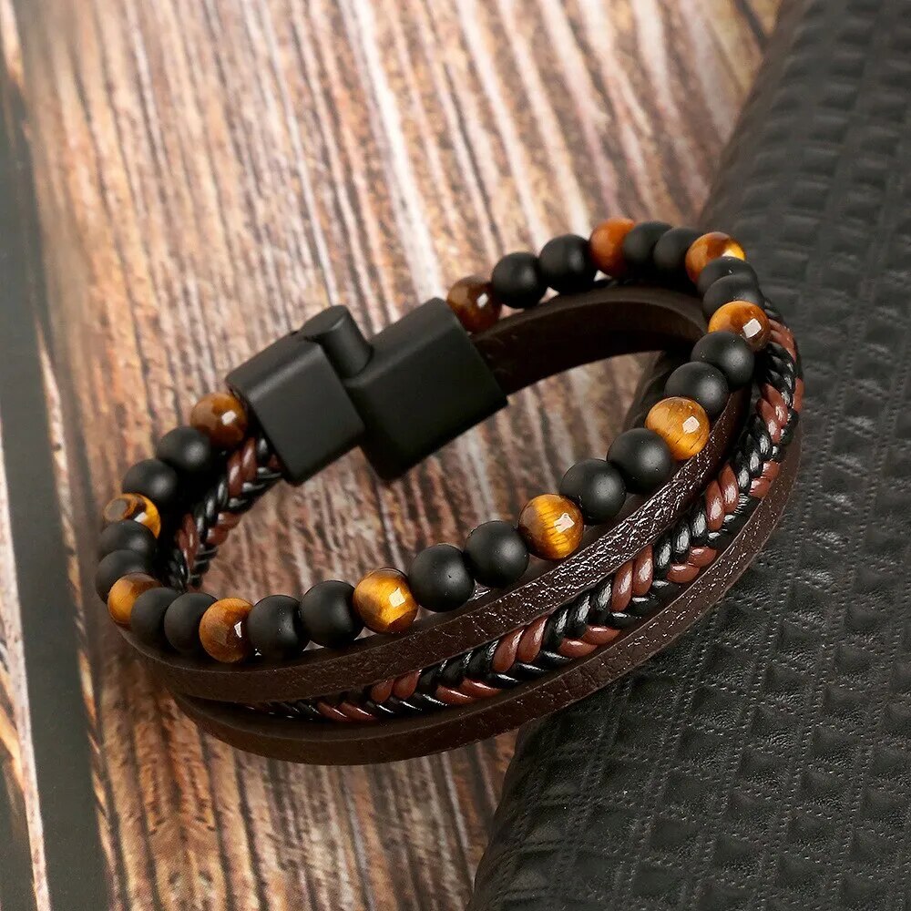 Herren Lederarmband mit Tigerauge-Perlen