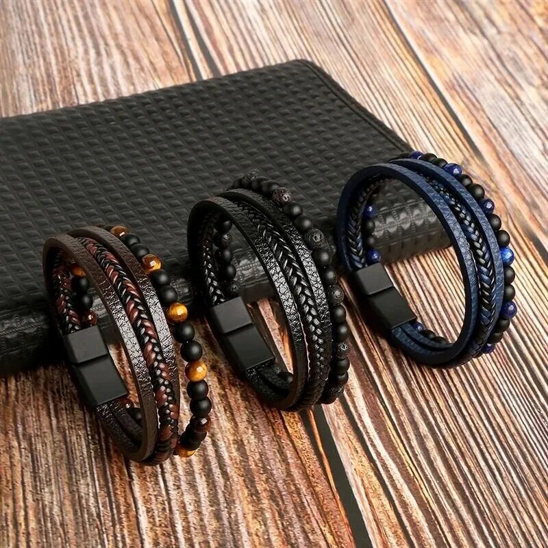 Herren Lederarmband mit Tigerauge-Perlen