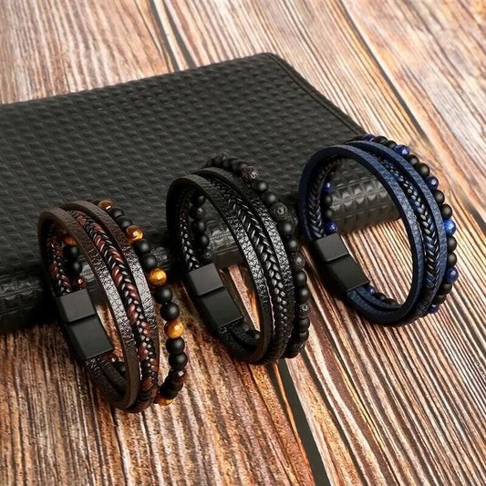 Herren Lederarmband mit Tigerauge-Perlen